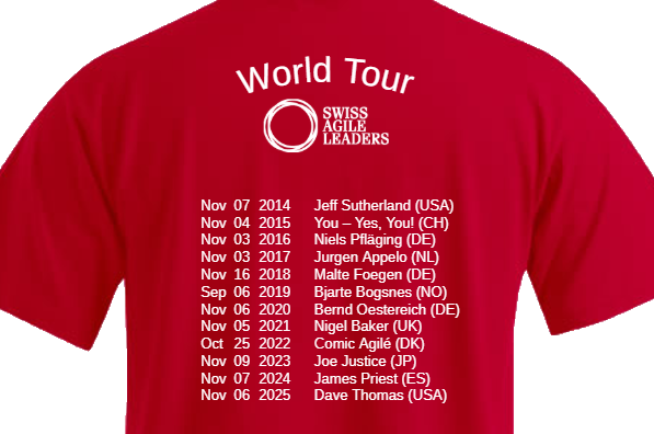 Rückseite des AUZH T-Shirts mit Konferenzen und Speaker:innen aus den letzten Jahren